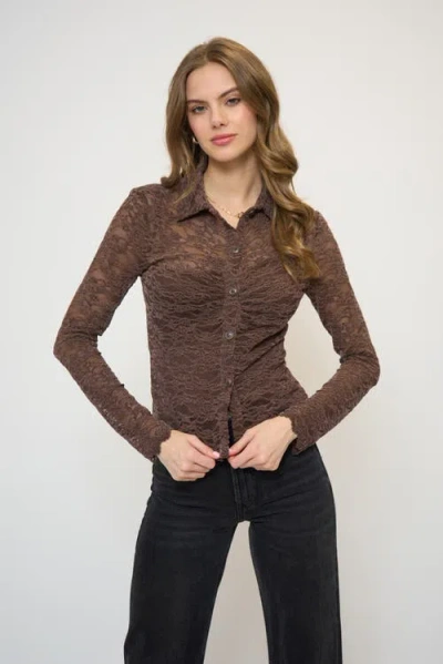 Central Park West Stella Stretch Lace Buttondown In Brown