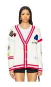 Central Park West Varsity Patch V Neck Cardigan In Red Multi