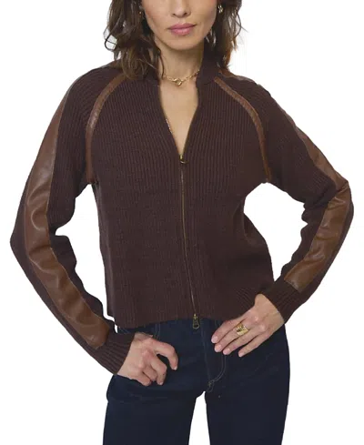 Central Park West Women's Atlas Raglan Leather Trim Zip Up Sweater In Burgundy