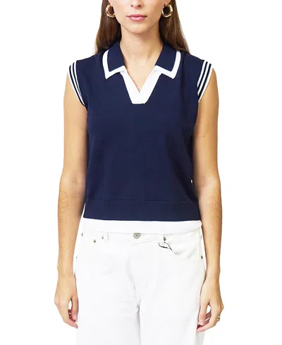 Central Park West Women's Brooklyn Sheer Double Layer Twofer Polo Sweater In Blue