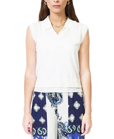Central Park West Women's Brooklyn Sheer Double Layer Twofer Polo Sweater In White