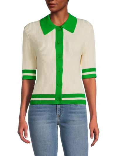 Central Park West Women's Contrast Trim Knit Top In Cream Green
