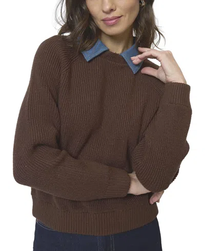 Central Park West Women's Dash Denim Collar Pullover Sweater In Brown