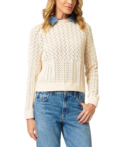 Central Park West Women's Hazel Denim Collared Pointelle Sweater In White