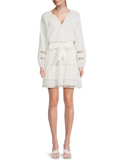 Central Park West Women's Lace Trim Belted Mini Dress In White
