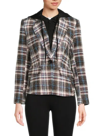 Central Park West Women's Monte Plaid Dickie Twofer Hoodie Blazer In Blue Multicolor