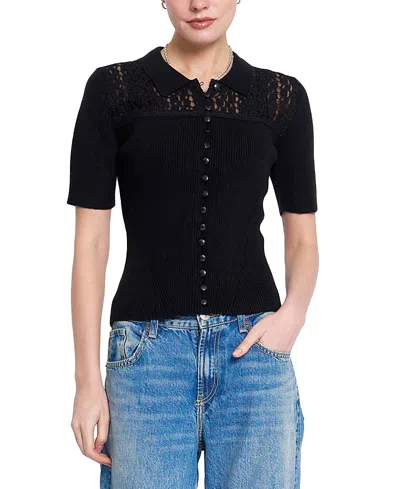 Central Park West Women's Scarlet Lace Combo Button Up Sweater In Black