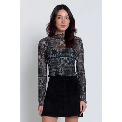 Central Park West Wren Sheer Bandana Print Turtleneck Top In Black