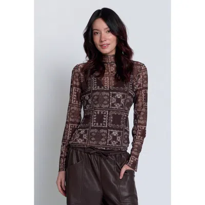 Central Park West Wren Sheer Bandana Print Turtleneck Top In Brown