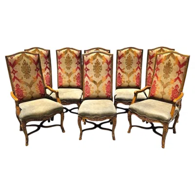 Pre-owned Century Furniture French Dining Chairs Leather Seats Set Of 8 In Brown
