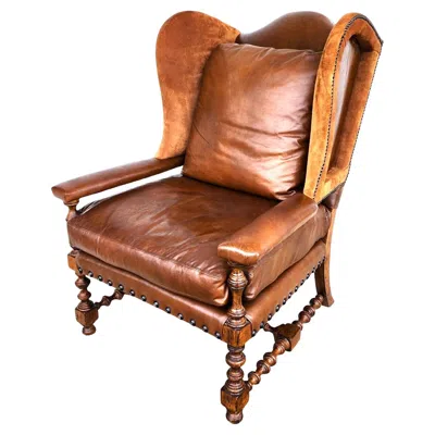 Pre-owned Century Furniture Leather Wingback Club Chair In Brown