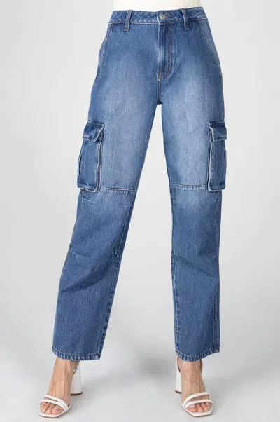 Ceros Super High Rise Cargo Straight Jeans In Medium Blue