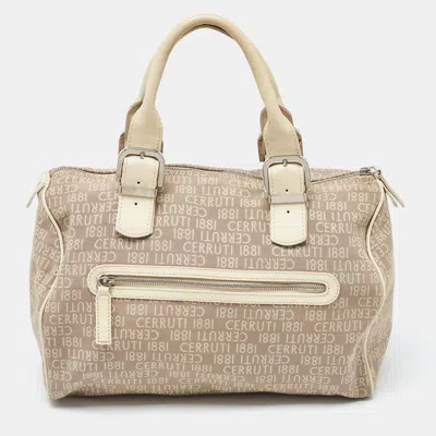Cerruti 1881 Beige Signature Canvas And Patent Leather Boston Bag In Multi