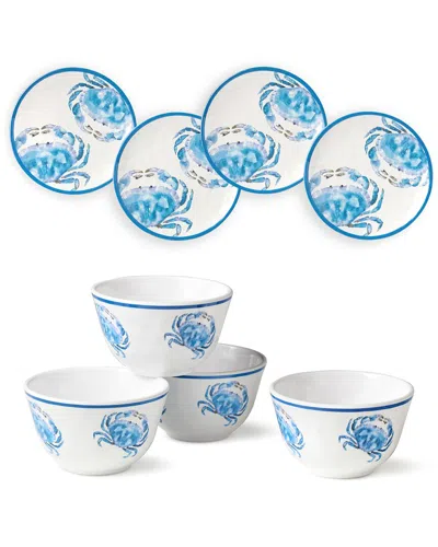 Certified International Beach House Crab 8pc Canape Plate & Dip Bowl Set In Blue