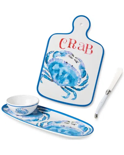 Certified International Beach House Crab Cheese Plate & Oval Tray With Dip Bowl Set In Blue