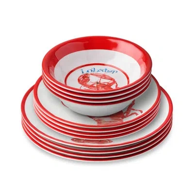 Certified International Beach House Lobster 12-piece Melamine Dinnerware Set – Coastal-inspired Red Lobster Plates & Bowls – In Blue;white;red