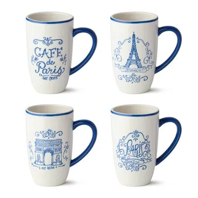 Certified International Bistro Ceramic Mug Set Of 4, 16 oz Blue And White Parisian Mugs With Café De Paris, Eiffel Tower, Ar In Blue;white