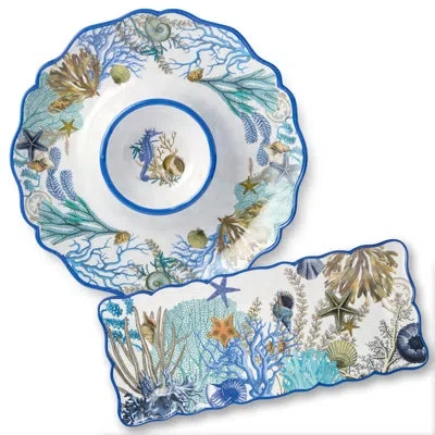 Certified International Blue Lagoon 2-piece Melamine Appetizer Set - Coastal Blues & Coral White Chip & Dip Platter (14.5”)  In Blue;brown;white;beige;teal