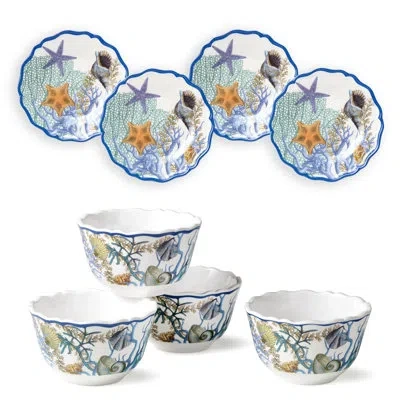 Certified International Blue Lagoon 8-piece Coastal Canapé Plate & Dip Bowl Set – Ocean-inspired Melamine Serveware For Appe In Blue;brown;white;green;purple