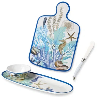 Certified International Blue Lagoon Cheese Plate & Oval Tray Set – Coastal Melamine Serveware With Dip Bowl & Cheese Knife F In Blue;brown;white;green;purple