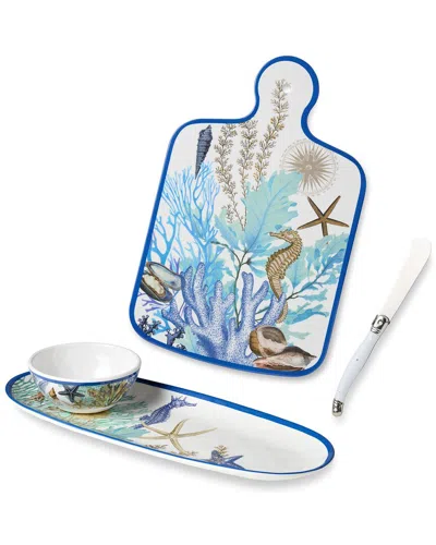 Certified International Blue Lagoon Cheese Plate & Oval Tray With Dip Bowl Set