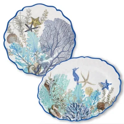 Certified International Blue Lagoon Melamine 2pc Platter Set – 14" Round Platter & 18" X 13.5" Oval Platter, Coastal Blues & In Blue;brown;white;beige;teal