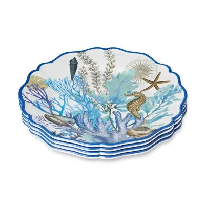 Certified International Blue Lagoon Melamine Dinner Plates Set Of 4 – 11" Coastal Blues And Coral White Design, Perfect For  In Blue;brown;white;beige;teal