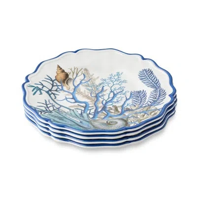 Certified International Blue Lagoon Melamine Salad Plates Set Of 4, 9-inch - Coastal Blues And Coral White Design, Perfect F In Blue;brown;white;beige;teal