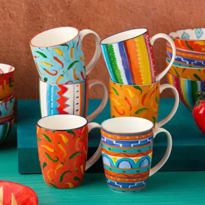 Certified International Caliente Set Of 6 Mug 6 Asst. In Blue;white;green;red;yellow;orange