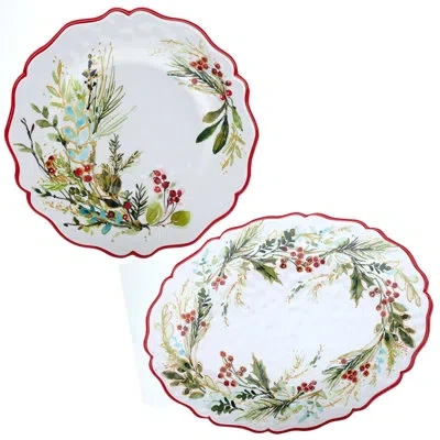 Certified International Christmas Gatherings Melamine 2pc Platter Set -  Round 14" Oval 18" X 13.5" In Brown;white;green;red
