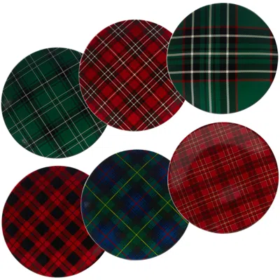 Certified International Christmas Plaid Set Of 6 Dessert Plate In Red,green
