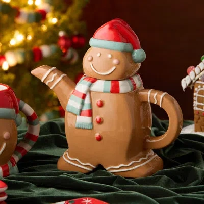 Certified International Christmas Whimsy Gingerbread 3d Teapot, 24 oz Hand-painted Ceramic Holiday Teapot With Santa Hat & S In Brown