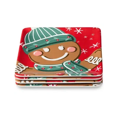 Certified International Christmas Whimsy Gingerbread Dessert Plates Set Of 4, 8.5" Square Ceramic Holiday Plates With Festiv In White;green;red;beige