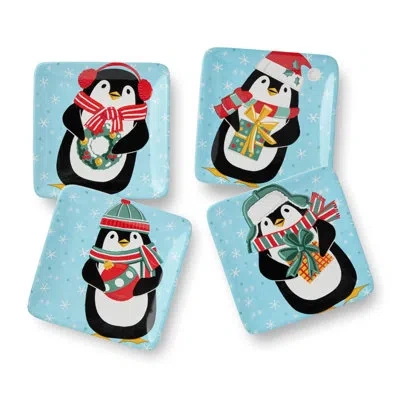 Certified International Christmas Whimsy Penguin Canape Plates Set Of 4, 6" Square Ceramic Holiday Appetizer Plates With Cut In Blue;black;brown;white;green