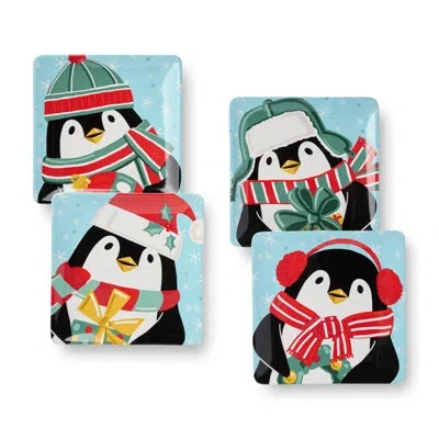 Certified International Christmas Whimsy Penguin Dessert Plates Set Of 4, 8.5" Square Ceramic Holiday Plates With Cute Pengu In Blue;black;brown;white;green