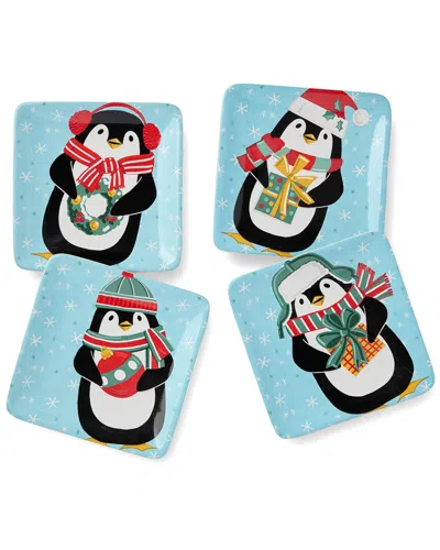 Certified International Christmas Whimsy Penguin Set Of 4 Canape Plates In Multi
