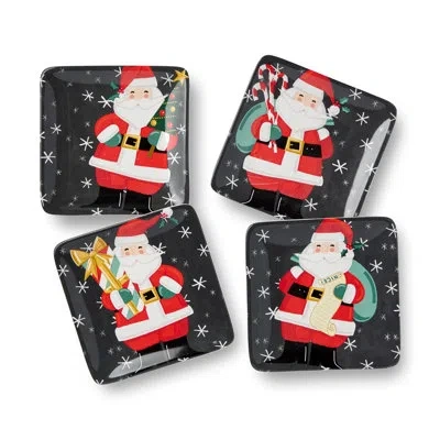 Certified International Christmas Whimsy Santa Set Of 4 Canape Plates 6" Ceramic Holiday Appetizer Plates Featuring Santa In In Black;white;green;red;yellow