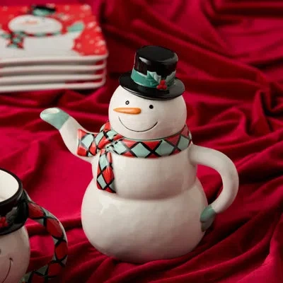 Certified International Christmas Whimsy Snowman 3d Teapot – Festive Holiday Tabletop Ceramic Teapot For Hot Cocoa, Tea, Cof In Black;white;green;red;orange