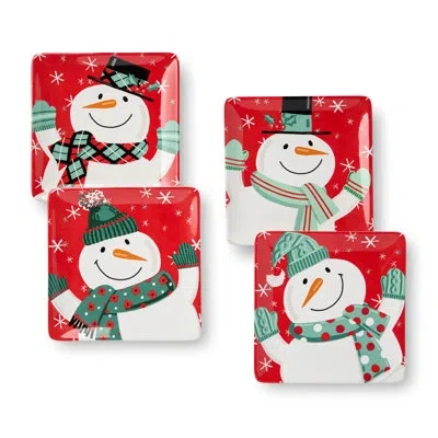 Certified International Christmas Whimsy Snowman Set Of 4 Ceramic Dessert Plates 8.5 Inch Assorted – Adorable Holiday Snowma In Black;white;green;red