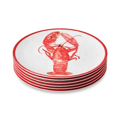 Certified International Coastal Dining Made Fun: Beach House Lobster 11-inch Melamine Dinner Plates – Set Of 6, Vibrant Naut In White;red