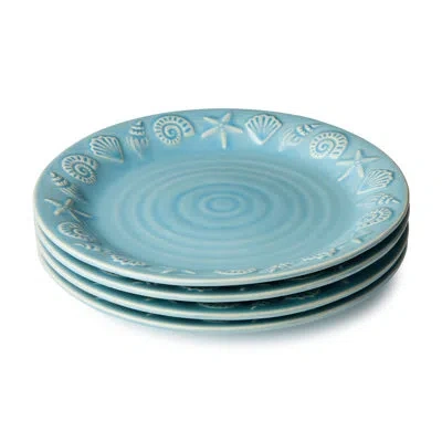 Certified International Coastline Blue Stoneware Dinner Plate Set Of 4, 10.5-inch Embossed Coastal Shell And Starfish Plates
