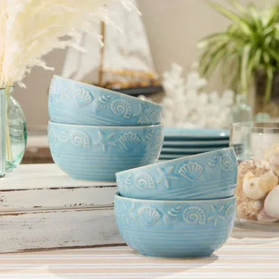 Certified International Coastline Blue Stoneware Ice Cream Bowl Set Of 4, 5.25 X 3 Inch Embossed Coastal Shell And Starfish 