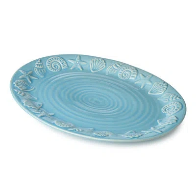 Certified International Coastline Blue Stoneware Oval Platter 16 X 12 Inches, Embossed Coastal Shell And Starfish Design Wit