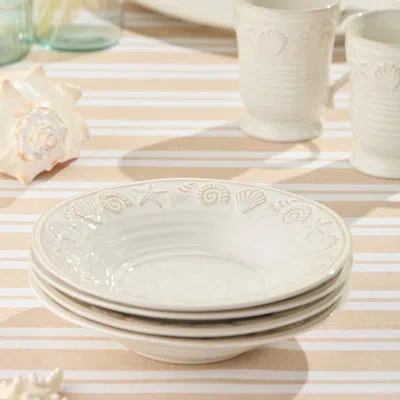 Certified International Coastline Cream Stoneware Soup Bowl Set Of 4, 9 X 2 Inch Embossed Coastal Shell And Starfish Bowls W