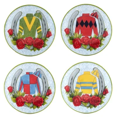 Certified International Derby Day At The Races Set Of 4 Canape Plates In Black;brown;white;green;red;yellow;orang
