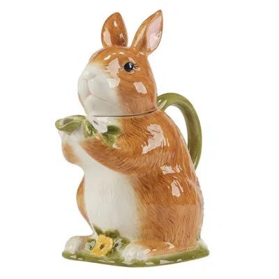 Certified International Easter Meadow 3-d Bunny Teapot – 32oz Ceramic Teapot With Hand-painted Bunny Holding A Sprig – Whims In Blue;brown;white;green;orange;purple