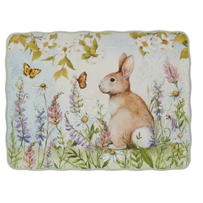 Certified International Easter Meadow Rectangular Platter – 16"x12" Ceramic Serving Platter With Bunny, Wildflower & Butterf In Blue;brown;white;green;orange;purple