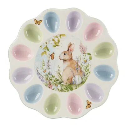 Certified International Easter Meadow Round Deviled Egg Plate – 12.25" Ceramic Plate Holds 12 Eggs With Bunny & Wildflower D In Blue;brown;white;green;orange;purple