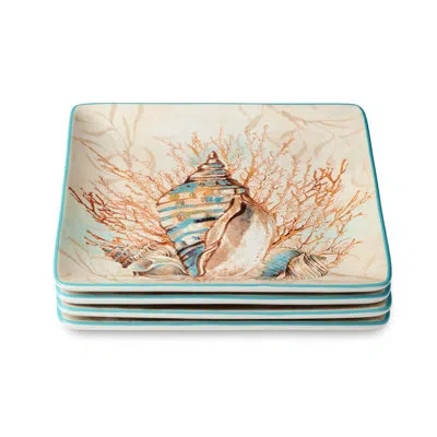 Certified International Escape To The Sea 10.5-inch Dinner Plates, Set Of 4, Coastal Seashell & Coral Design, Durable Cerami In Blue;brown;beige;pink