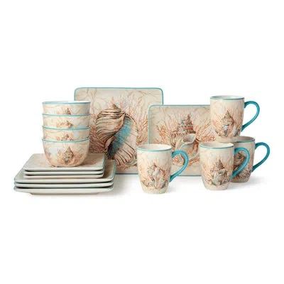 Certified International Escape To The Sea 16-piece Ceramic Dinnerware Set – Coastal Shell & Coral Design In Aquatic Hues – E In Brown;white;beige;teal
